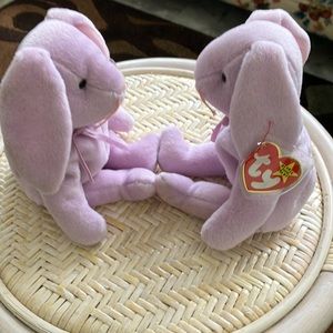 96' VINTAGE TY FLOPPITY BEANIE BABIES  B'DAY 5/28/96 SET OF 2 BUNNIES LAVENDER